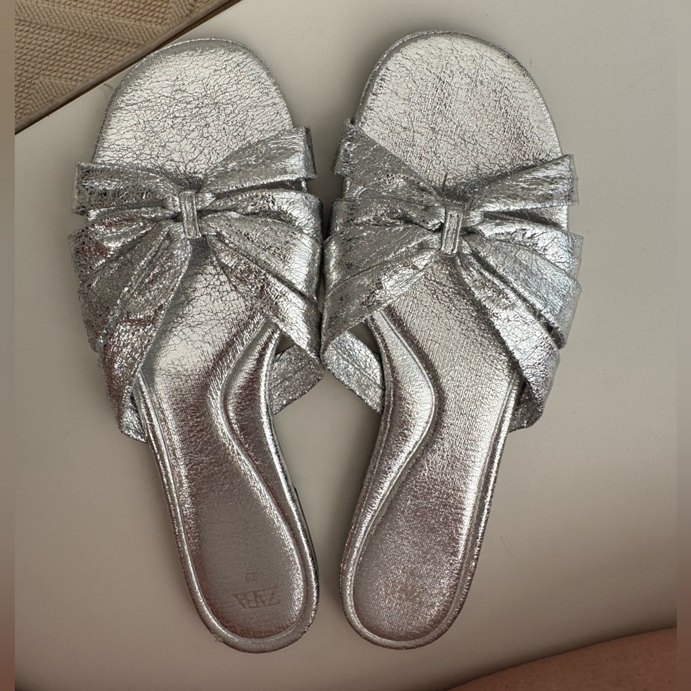 Zara Metallic Silver Bow Slide Mules/Sandals